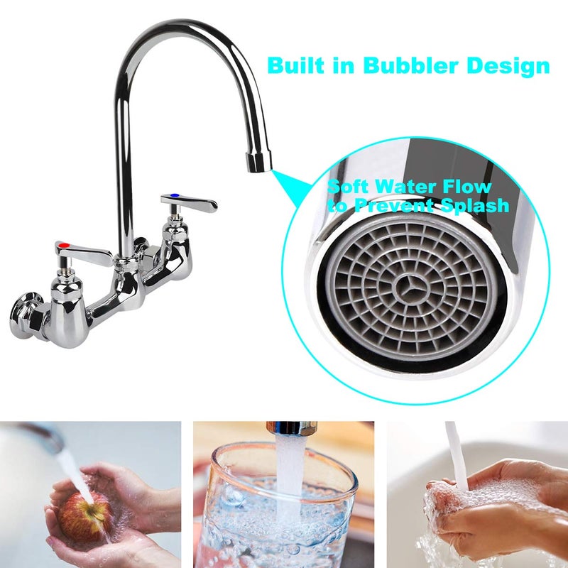 KWODE Wall Mount Faucet 8 Inch Center Commercial Kitchen Sink Faucet with 6" Gooseneck Swivel Spout 2 Handles Control Brass Contructed Chrome Finish - Image 4